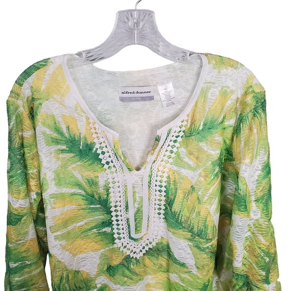 Alfred Dunner Petite Size PXL Blouse Textured Tropical Palm Print Green V-notch - Picture 6 of 6